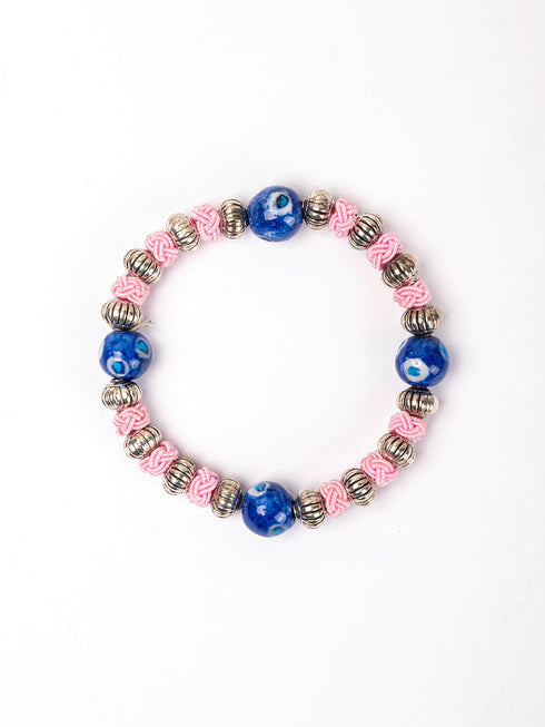 Handmade Stretchable Bracelet With Blue Pottery Beads